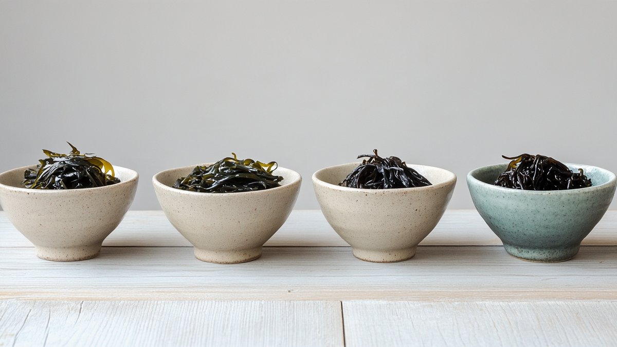 Các loại tảo nâu chứa fucoidan: Mekabu, Mozuku Okinawa, Kombu Hokkaido và Fucus vesiculosus
