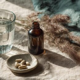 Kinh nghiệm dùng fucoidan – ly nước, viên nang và tảo nâu Mekabu trên bàn gỗ buổi sáng