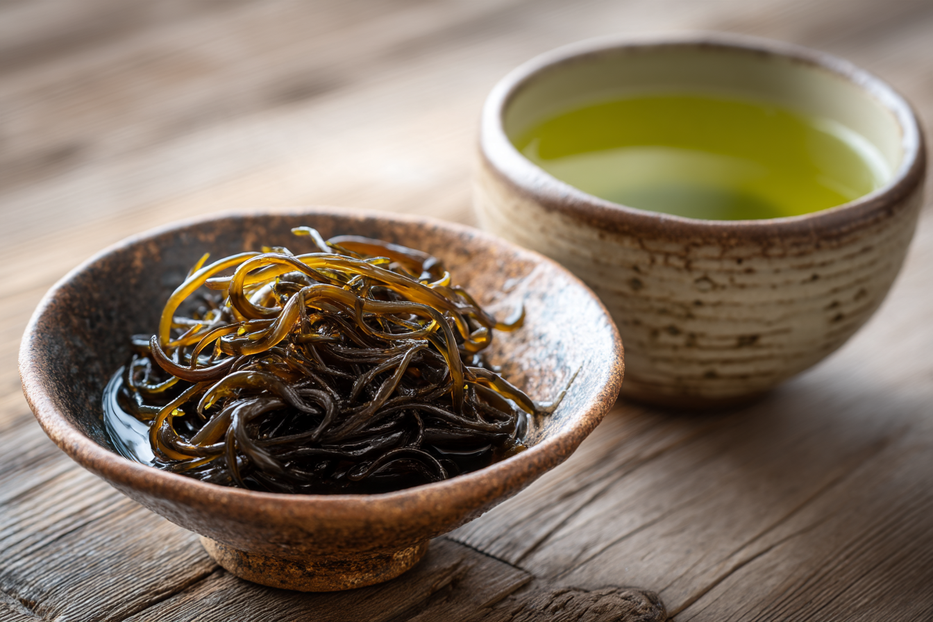 Món mozuku trộn giấm truyền thống của Okinawa trong bát gốm