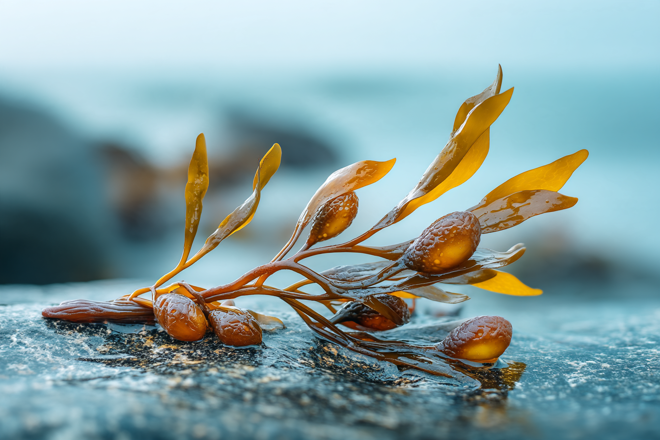 Tảo Fucus vesiculosus (bladderwrack) với các túi khí đặc trưng trên bờ đá Bắc Đại Tây Dương