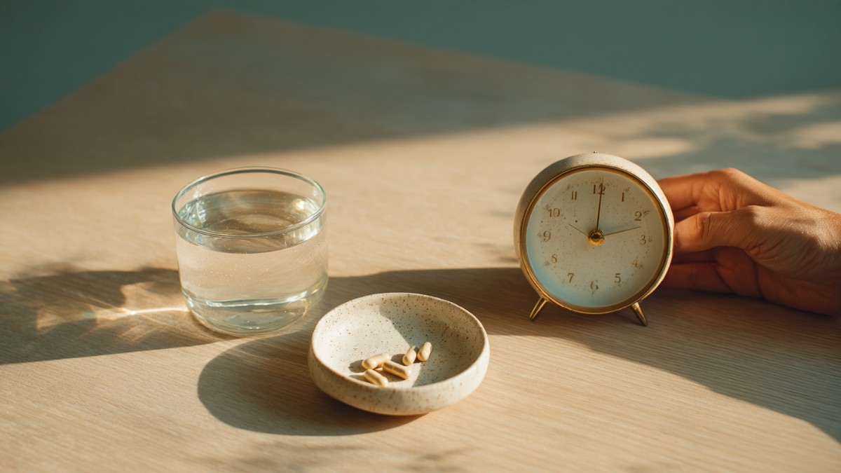 Uống fucoidan lúc bụng đói buổi sáng – ly nước và đồng hồ để bàn